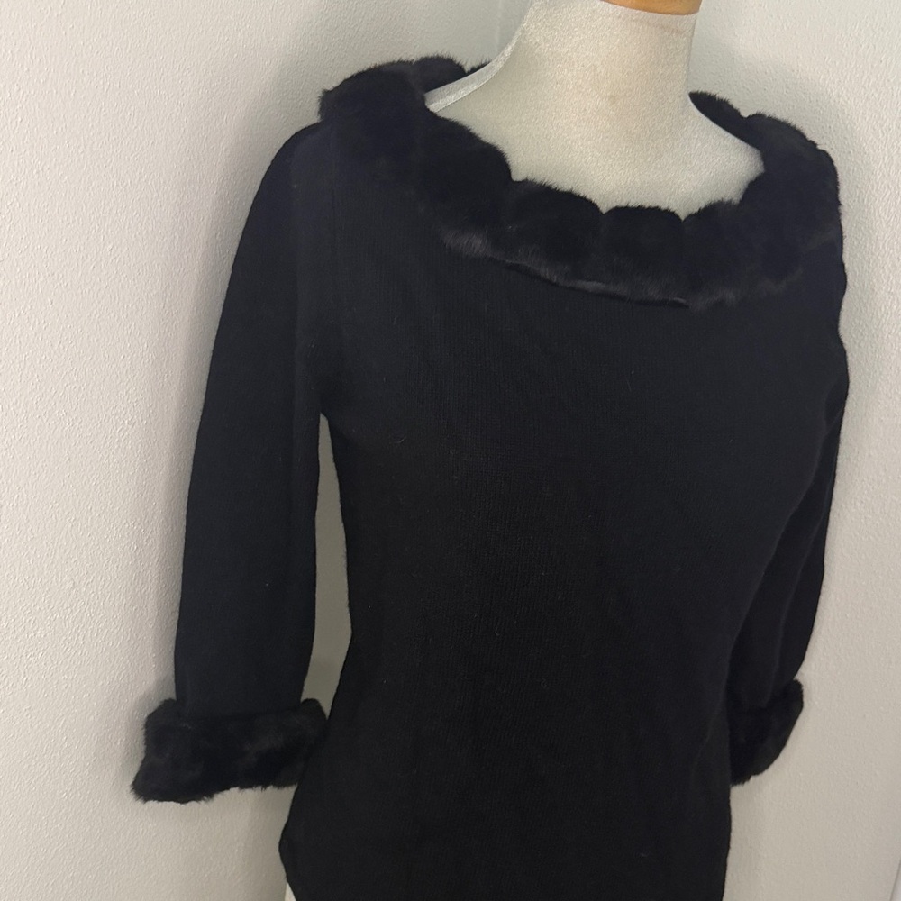 Vintage Jones New York Country rabbit fur trim sweater petite small P S black